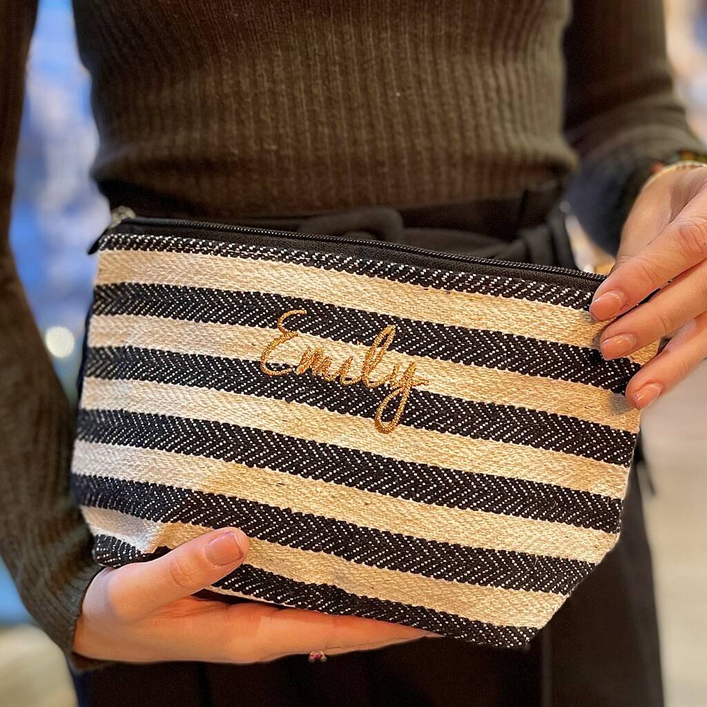 Embroidered Black And Cream Stripe Make Up Bag, 1 of 2