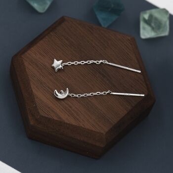Sterling Silver Moon And Star Threader Earrings, 2 of 12