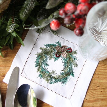 Christmas Wreath Linen Cocktail Napkin, 4 of 4