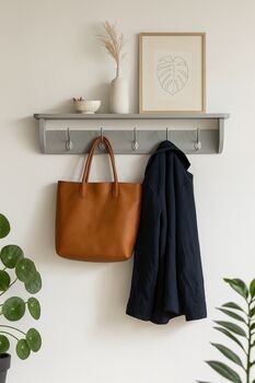 All Grey Coat Rack With Shelf, Shelf 10cm Deep, Shelf With Hooks, Black, Silver, Bronze, Copper, Chrome, Brass Hooks, Painted In F And B No.265, 2 of 9