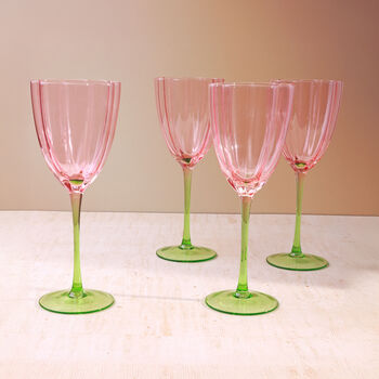 G Decor Set Of Four Laurent Wine Glasses Pink And Green Stem Fluted Water And Wine Goblets, 2 of 5