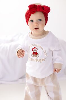 My First Christmas Embroidered Personalised Bear Checked Pyjamas, 3 of 5
