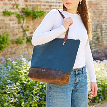 Personalised Buffalo Leather And Blue Canvas Tote Bag, 4 of 6