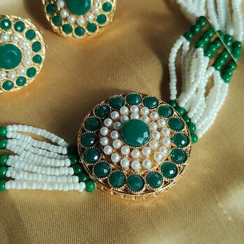 Multi Strand Pearl Green Stone Bridal Diana Set, 2 of 4