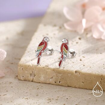 Scarlet Macaw Parrot Bird Stud Earrings In Sterling Silver, 2 of 12