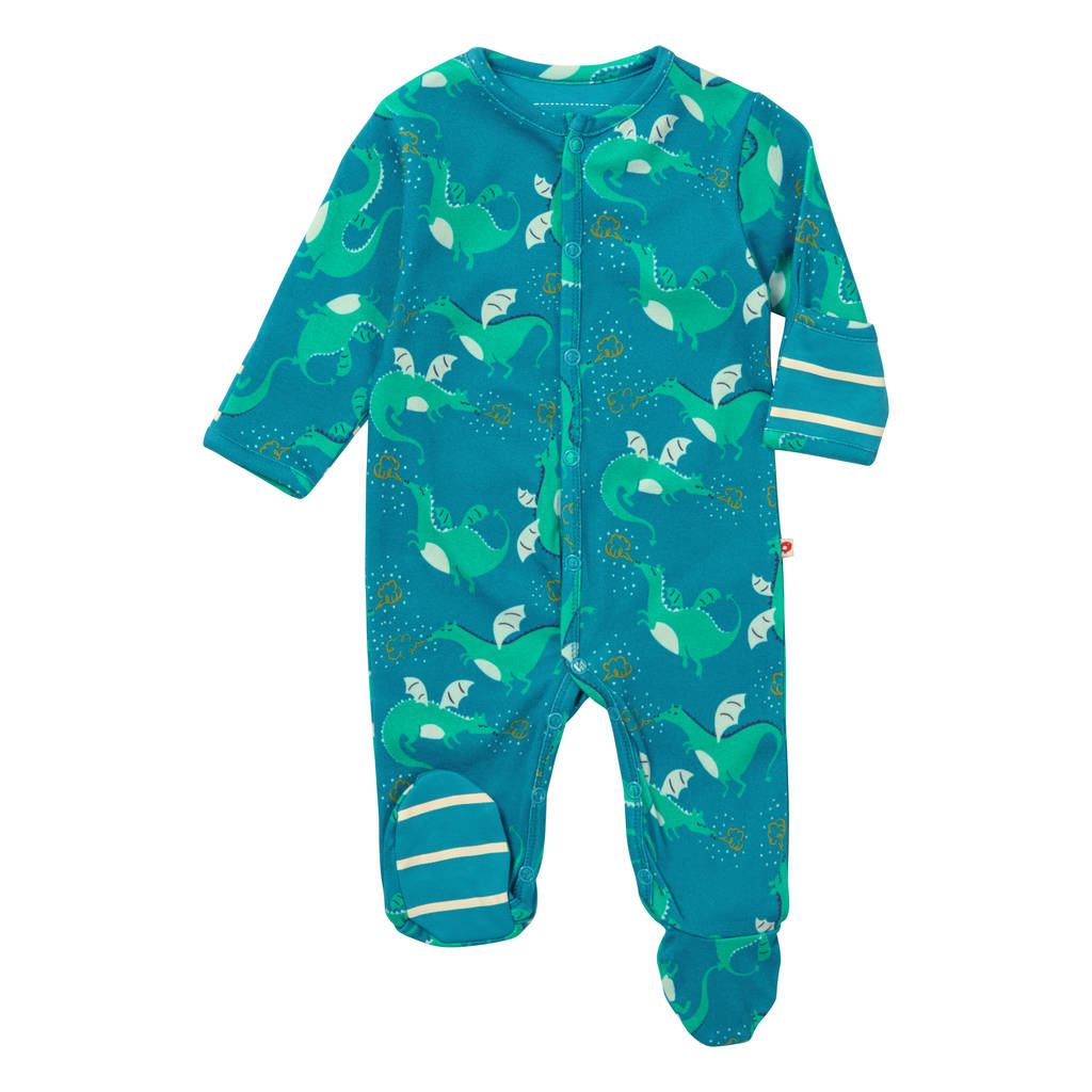 unisex long sleeved blue dragon footed baby sleepsuit by piccalilly ...