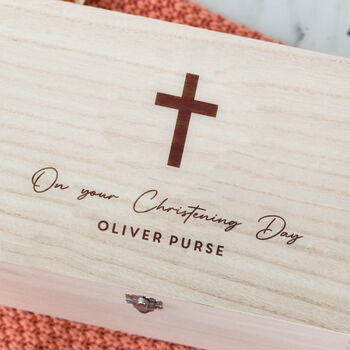 Personalised Christening Keepsake Box Gift For Baby Or Child With Engraved Cross, 2 of 4