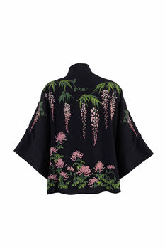 Wisteria And Chrysanthemum Black And Pink Embroidered Short Kimono, 7 of 7