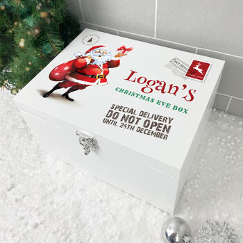 Personalised White Wooden Cartoon Santa Christmas Eve Box Three Sizes 22cm | 27cm | 30cm, 7 of 8