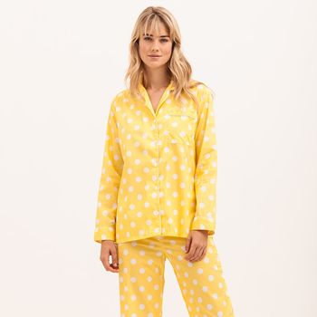 Women's Yellow And White Cotton Polka Dot Pyjamas, 2 of 4
