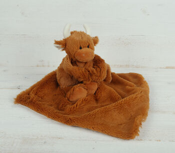 Highland Cow Brown Toy Soother With Engraved Heart, 5 of 12