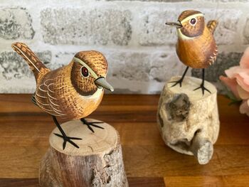 Hand Carved Wooden Wren Ornament Garden Bird Figurine, 2 of 10