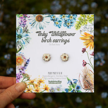 Inky Daisy Wildflower Wooden Stud Earrings, 10 of 11