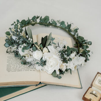 Grace Dried Flower Crown White And Green Preserved Wedding Halo, 5 of 5