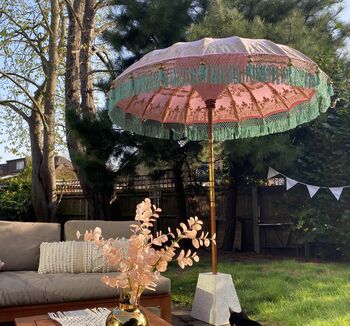 Hand Painted Pink And Green Fringed Garden Parasol, 3 of 4