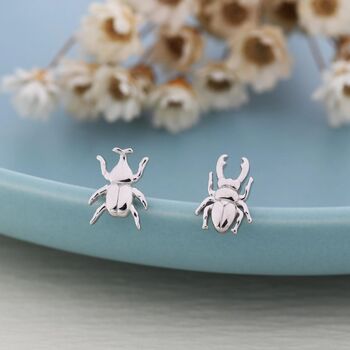 Mismatched Stag Beetle Stud Earrings In Sterling Silver, 3 of 12