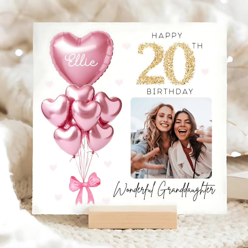 Granddaughter 20th Birthday Personalised Photo Pink Balloon And Gold Glitter Effect Card