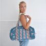 Block Printed Inky Blue And Pink Floral Stripe Quilted Duffle Bag, thumbnail 1 of 7