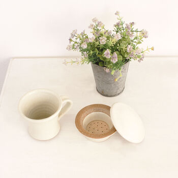 Vanilla Cream Ceramic Tea Cup With Lid And Strainer, 3 of 5