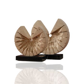 Set Of Two Travertine Half Moon Sculptures On Black Marble Bases, 2 of 2