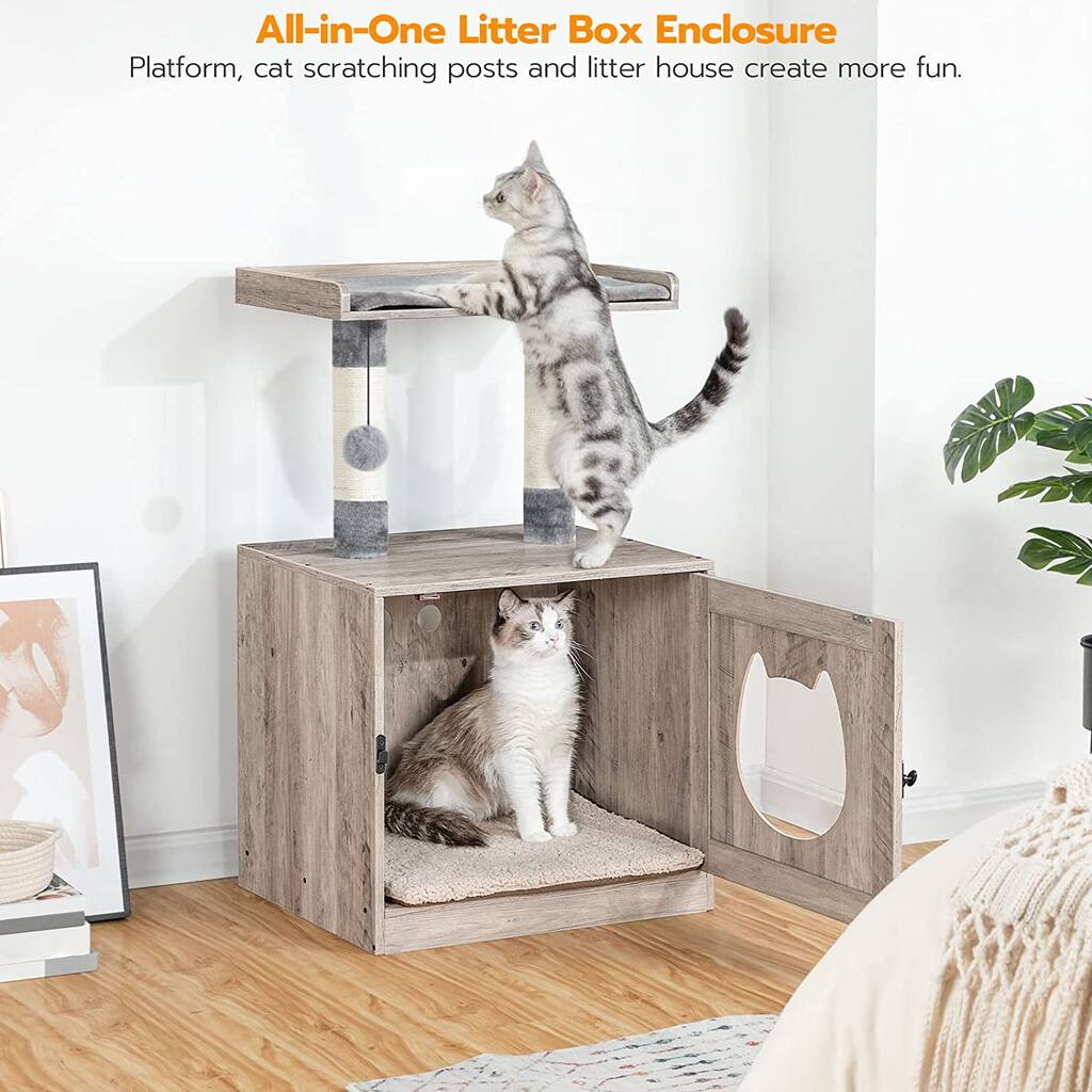 Greige Cat Litter Tray Box With Scratching Posts By Momentum