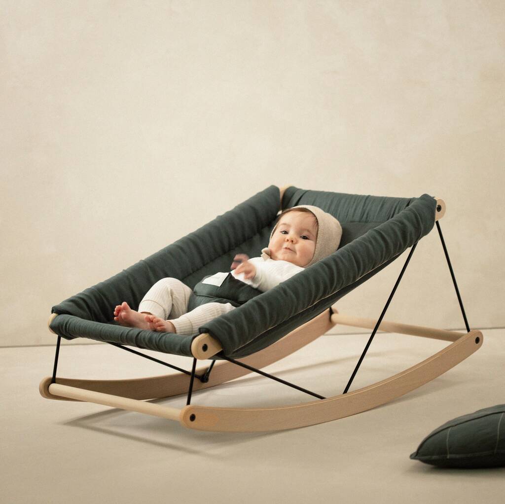 Beechwood And Linen Baby Bouncer In Green Blue, 1 of 6
