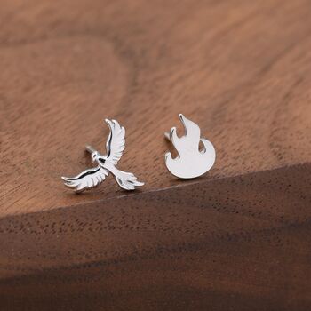 Mismatched Sterling Silver Phoenix And Fire Stud Earrings, 3 of 11