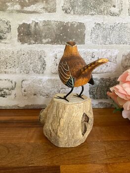 Hand Carved Wooden Wren Ornament Garden Bird Figurine, 3 of 10