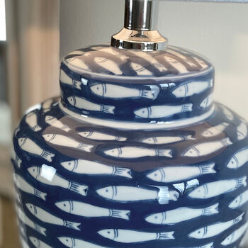 Medium Blue And White Ceramic Fish Table Lamp, 4 of 4