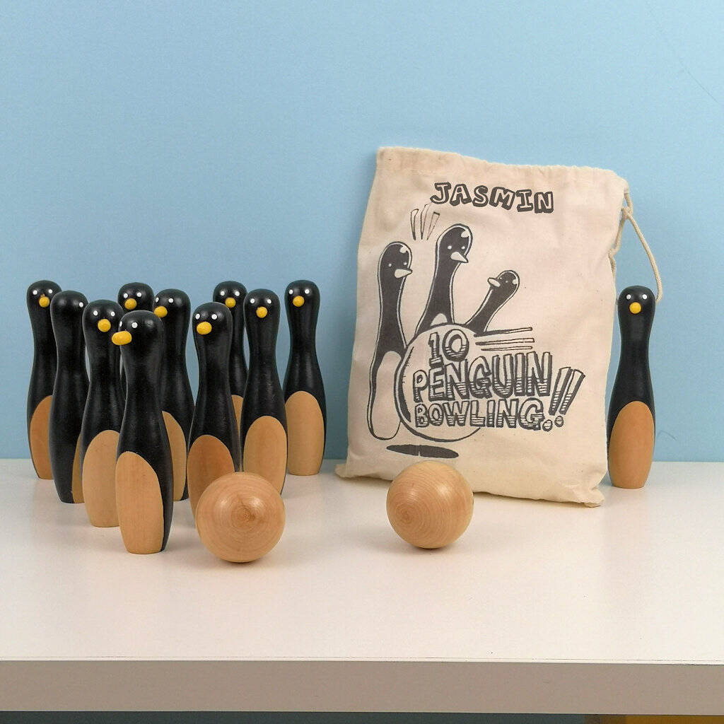 Personalised Penguin Ten Pin Bowling Kit In A Gift Bag, 1 of 3