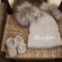 Personalised Navy Blue Double Pom Pom Winter Hat And Booties, thumbnail 5 of 9