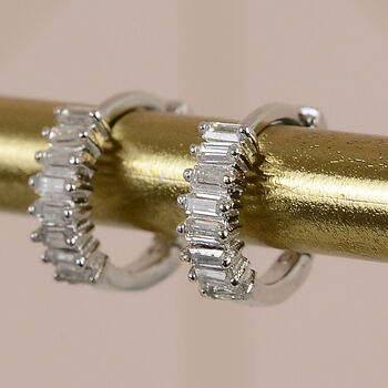 Baguette Diamantè Sterling Silver Huggie Earrings, 2 of 4