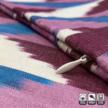 Pink, Blue And Burgundy Cotton Ikat Cushion Cover, 2 of 8