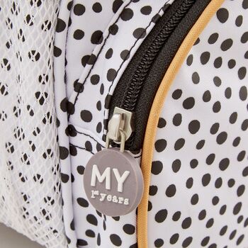 Personalised Black And White Polka Dot Mini Backpack, 8 of 9