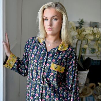 Block Printed Navy Blue, Mustard And Pink Lily Cotton Pyjamas, 2 of 9