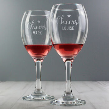 Personalised 'Cheers' Engraved Wine Glass Pair, 6 of 6