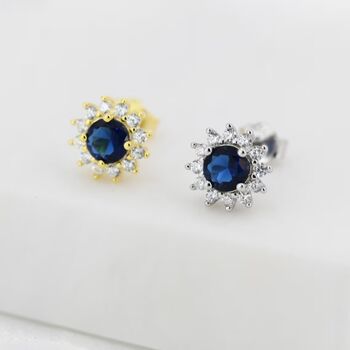 Sapphire Cz Flower Stud Earrings In Sterling Silver, 3 of 12