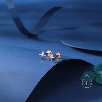 Four Point Star Internally Threaded Flat Back Earrings In Sterling Silver, 5 of 11