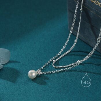Sterling Silver Genuine Freshwater Pearl Double Layer Pendant Necklace, 7 of 12