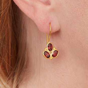 Garnet Triple Stone Gold Plated Silver Drop Earrings, 7 of 12