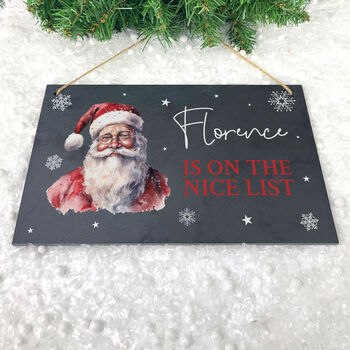 Personalised Traditional Santa Nice List Slate Hanging Plaque 25 X 15cm, 5 of 6