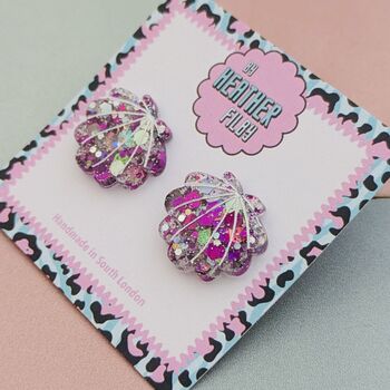 Sea Shell Glitter Resin Stud Earrings Pink, Blue And Coral, 2 of 12