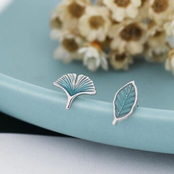 Mismatched Enamel Beech And Ginkgo Leaf Stud Earrings In Sterling Silver, 3 of 12