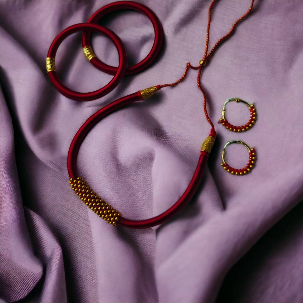 Red Silk Thread Choker Bangle And Earring Set By The Colourful Aura