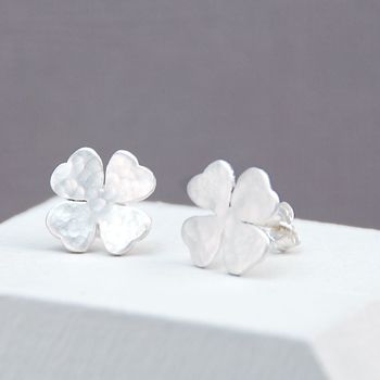 Hammered Silver Lucky Clover Leaf Stud Earrings, 2 of 5