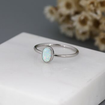 White Fire Oval Opal Ring In Sterling Silver, 2 of 11