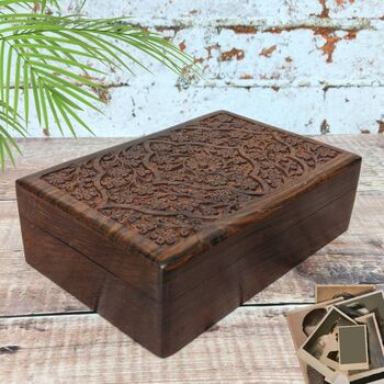 Wooden 5th Anniversary Gift For Her; Floral Carved Jewellery Box, 2 of 10