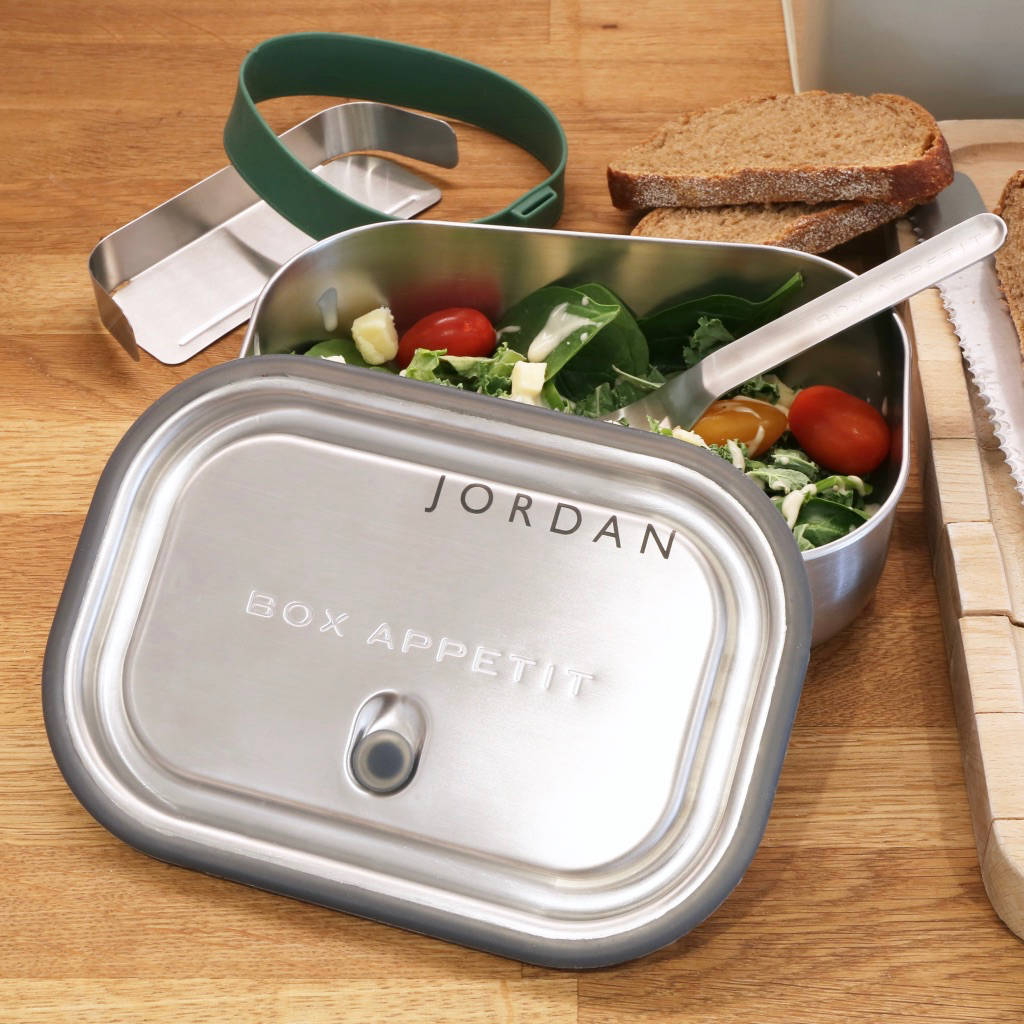 personalised stainless steel lunch box and fork by lisa angel