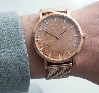 Classic Rose Gold Stainless Steel Unisex Wood Watch, 4 of 10