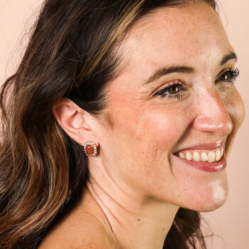 Brown Stone And Crystal Oval Stud Earrings In Gold, 3 of 3